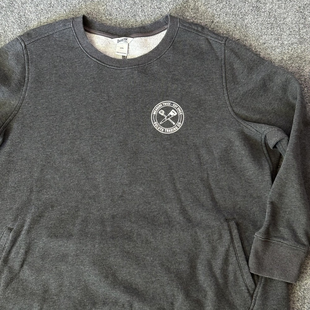 Duluth Trading Co Sweatshirt Mens 2XL Gray Measure Twice Logo Fleece Pullover